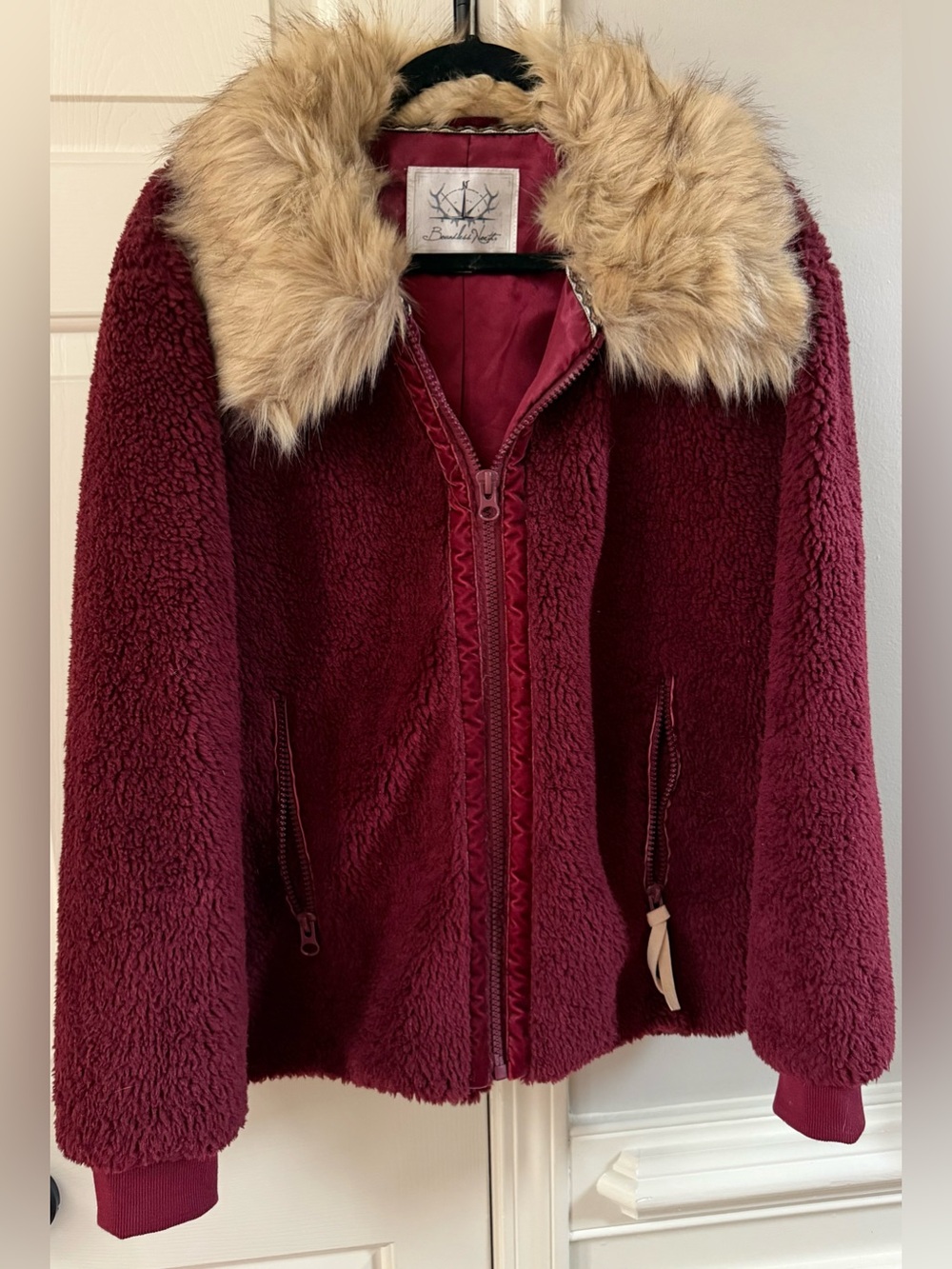 Boundless North Burgundy Sherpa Jacket Faux Fur Collar Size M